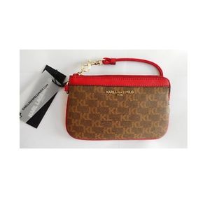 Karl Lagerfeld Red / Natural Monogram Wristlet new with tags